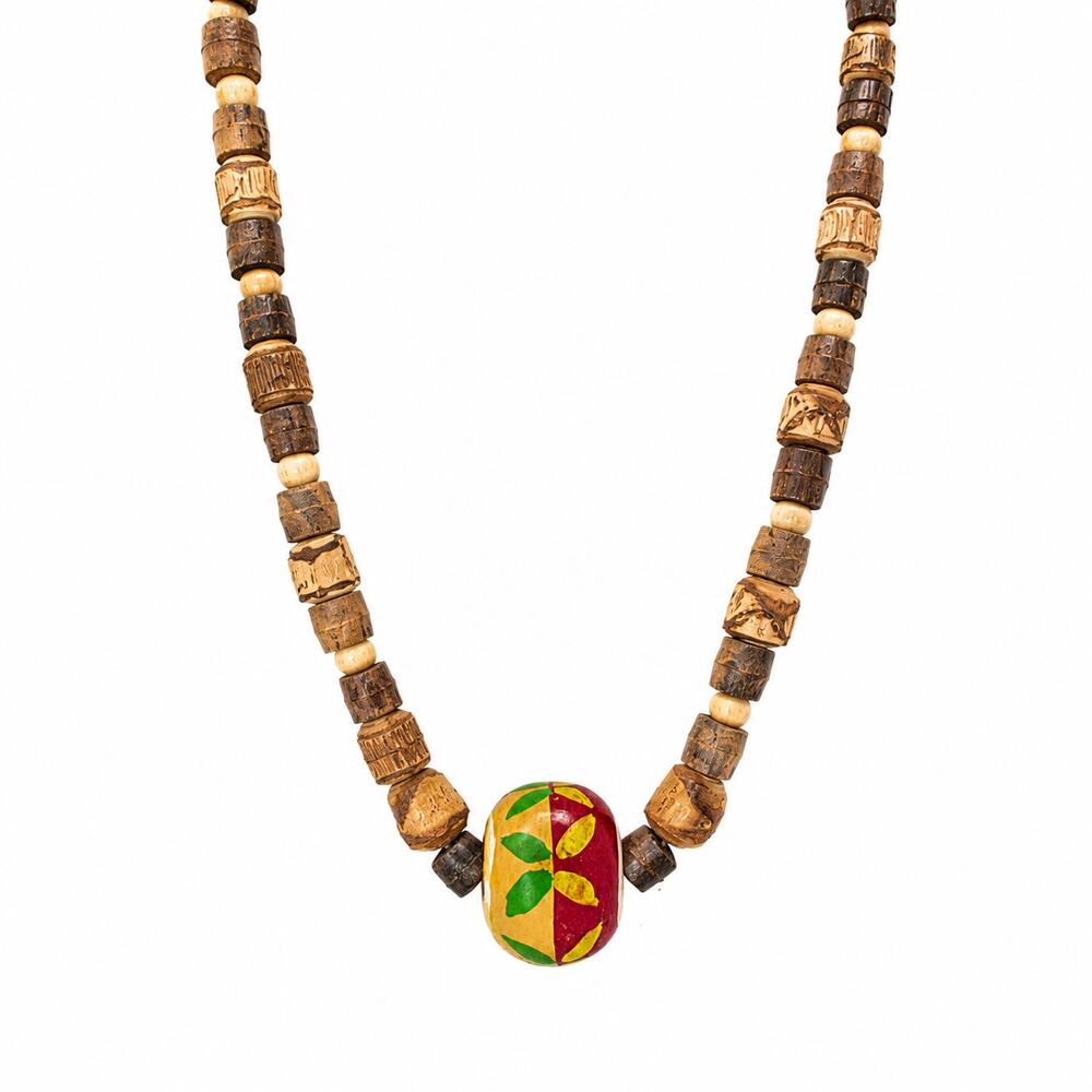 Vintage Wooden Beaded Necklace Hand Painted Center Bead Boho Folk Art 24”